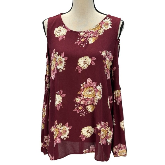 Hippie Rose Tops - Hippie Rose Long Sleeve Cold Shoulder Floral Print Blouse - Red - size Large